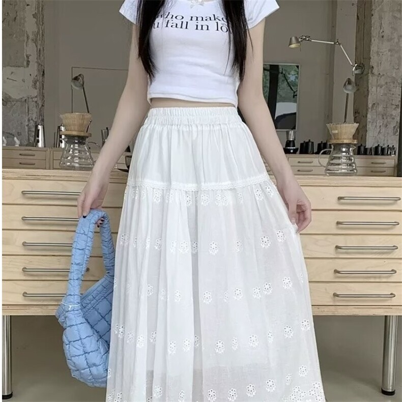 日系镂空刺绣蕾丝半身裙女夏季超仙白色文艺宽松百搭显瘦长裙,女装半身裙,星座1210-1