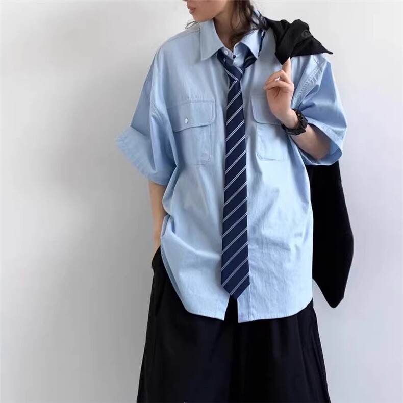 日系复古中性学院风短袖衬衫男女生夏季宽松休闲学生蓝色工装衬衣,男装T恤,星座1210-1