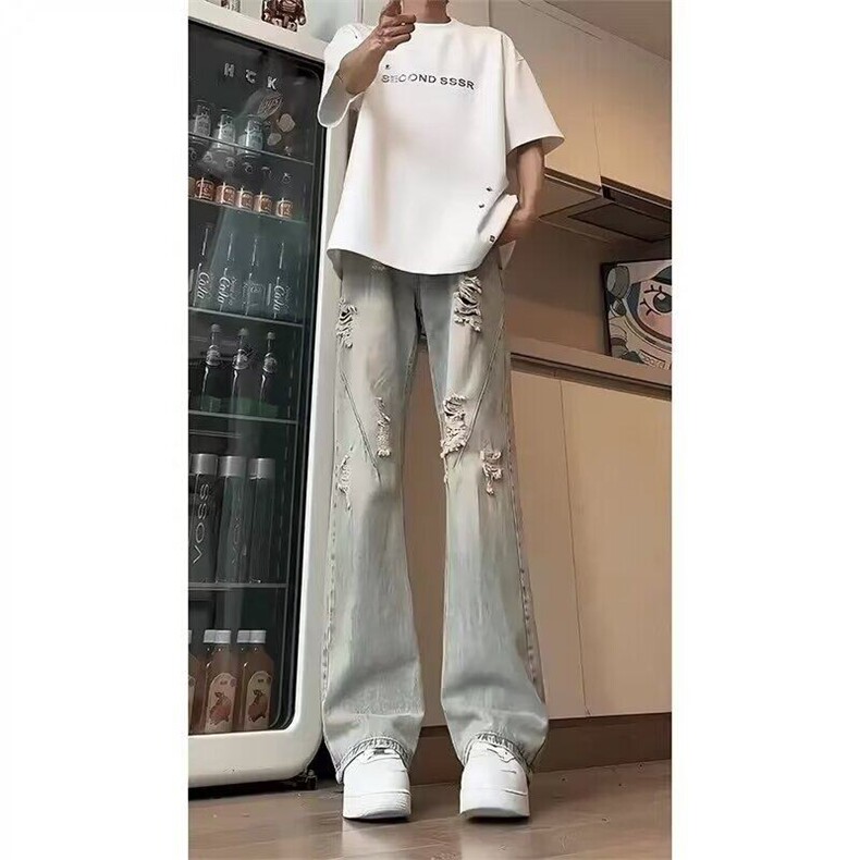 美式复古破洞牛仔裤男痞帅设计感高街vibe直筒微喇裤L61733-P45,男装牛仔裤,星座1008