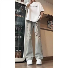 美式复古破洞牛仔裤男痞帅设计感高街vibe直筒微喇裤L61733-P45，男装牛仔裤，星座1008