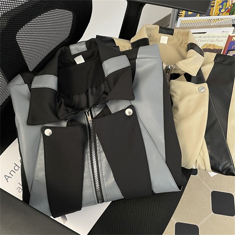 得物品质秋款男皮衣拼色工装拉链条纹拼色宽松夹克外套JK926P100,男装夹克,星座1013-1