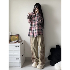 【有货】粉色格子衬衫男女款vintage美式复古长袖衬衣C54WW-特P45，男装衬衫，星座1007（原301D）