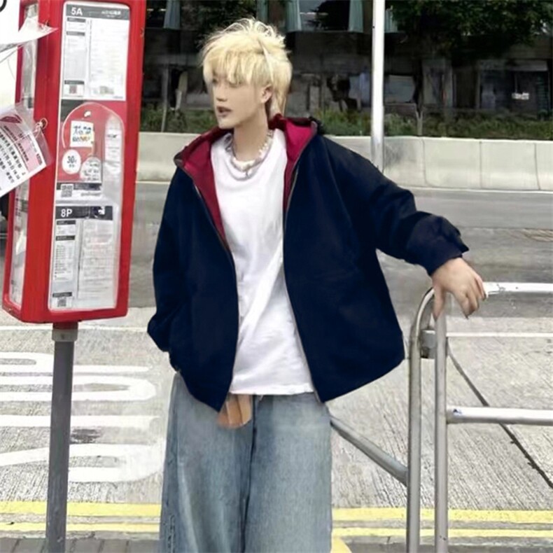 抖音得物二开美式高街重磅结构双层撞色连帽卫衣开衫外套W116，女装短外套，电商A486-1