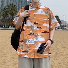 休闲港风夏休闲短袖衬衫男冰丝花衬衣宽松7230P35，男装衬衫，电商A056