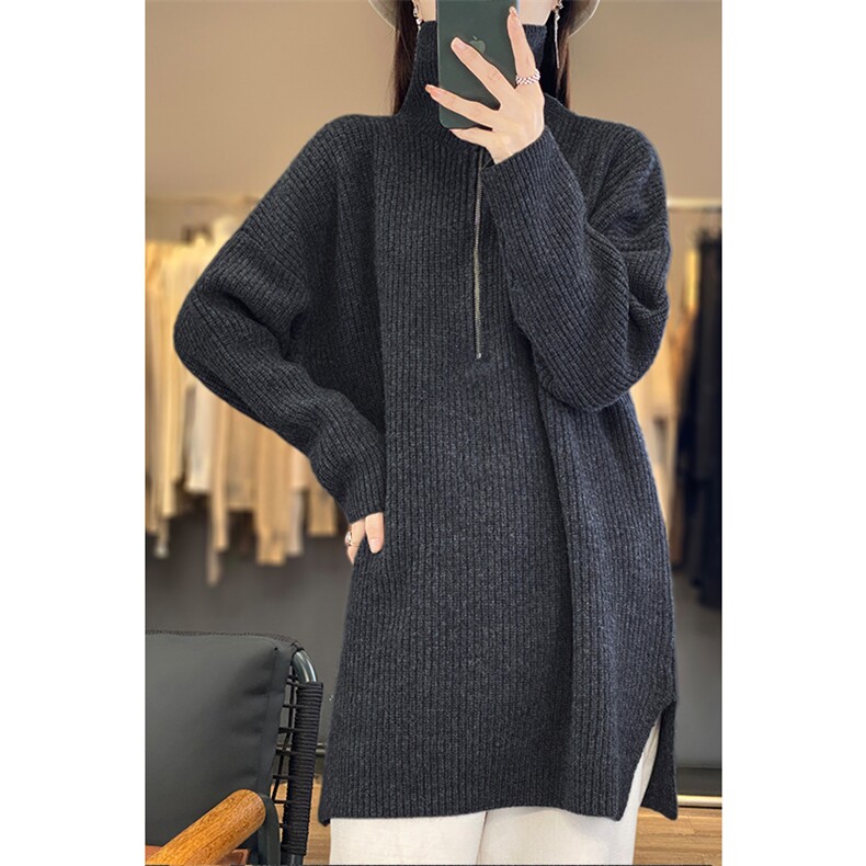 中长款100%纯羊毛衫女半开拉链加厚长袖毛衣宽松羊绒衫针织打底衫,女装连衣裙,若菲羊绒