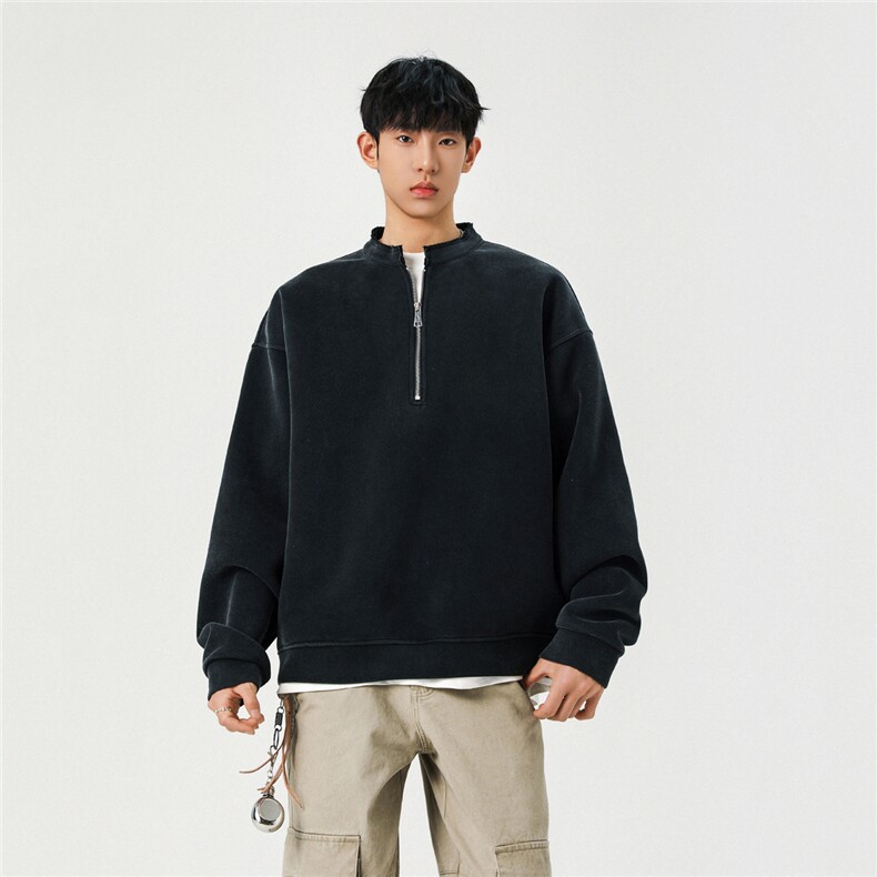 春装新款重磅美式复古水洗宽松短款套头半拉链卫衣男外套潮特P39，女装短外套，电商C306-1