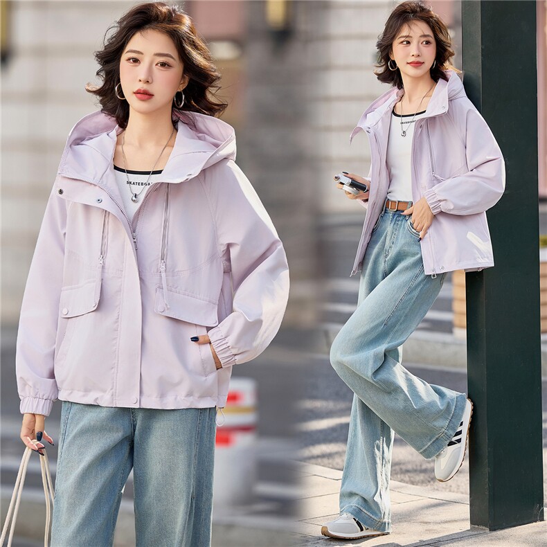 小个子短外套女2026年春季女士户外冲锋衣拉链短款连帽，女装短外套，悦祺