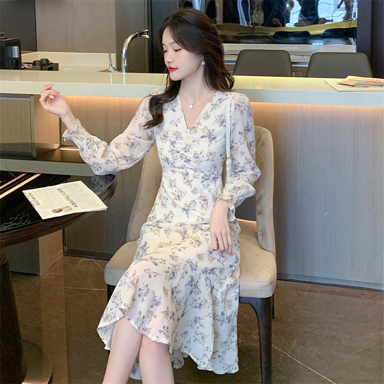 款法式碎花裙V领连衣裙雪纺长袖修身气质长款长裙子女秋季,女装连衣裙,美吧服饰