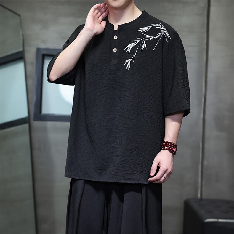 夏季冰丝立领垂感短袖男风刺绣五分袖日常大码T恤男T812P55，男装T恤，电商A021A