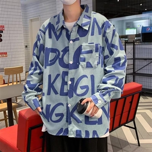 2025春秋美式复古字母满印衬衫男设计感长袖衬衣宽松灯芯绒外套图片