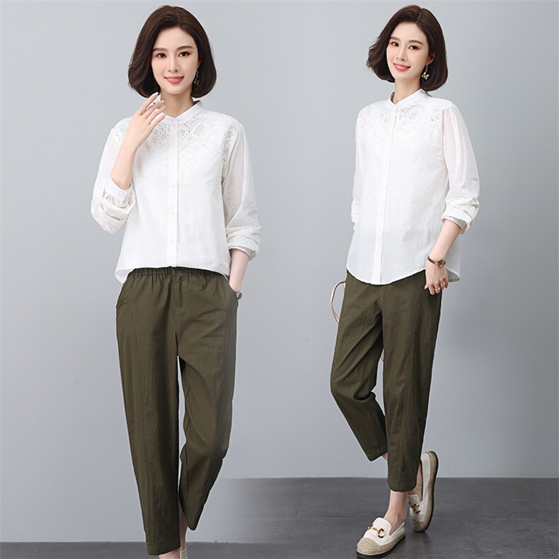 绣花长袖棉衬衫两件套2023秋装新款气质宽松修身显瘦套装女,女装大码女装,奕阳依阁