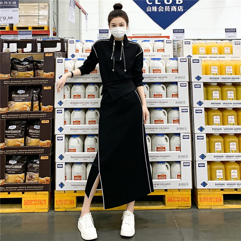 个性简约时尚减龄套装女春季新款连帽短款卫衣开叉半身长裙两件套,女装套装/套裙,江南