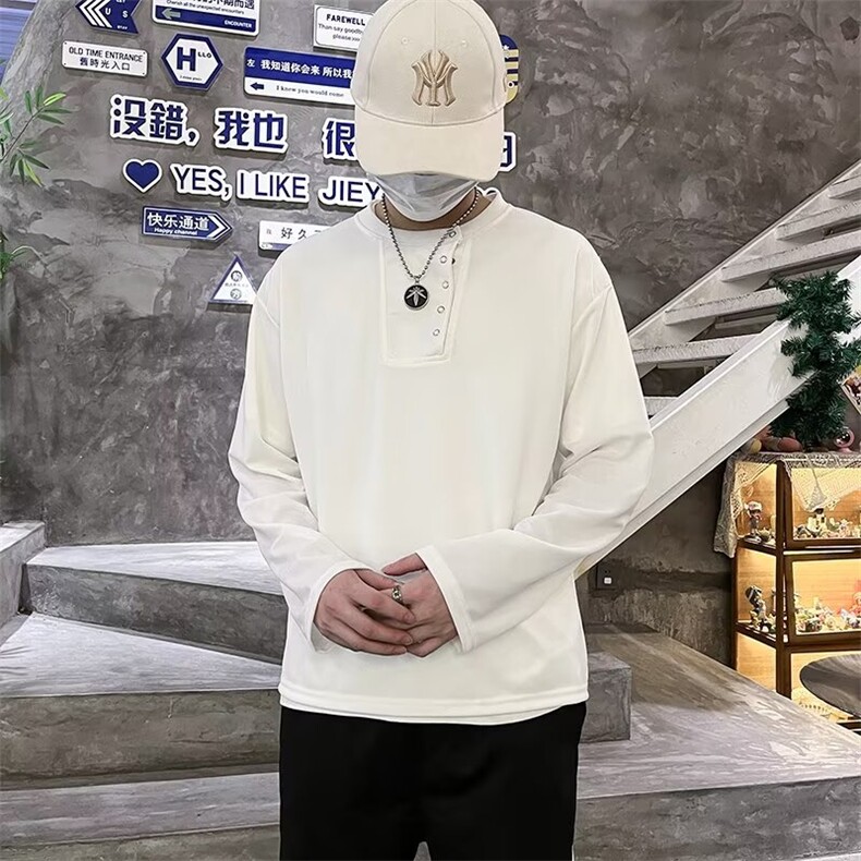 简约纯色复古休闲纽扣设计感T恤男潮流原宿时尚打底衫百搭W19/P35,男装T恤,星座506