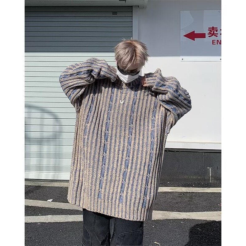 冬季复古拼色竖条纹圆领针织衫男女潮牌宽松MZ229-P53,男装针织衫/毛衣,星座1109-3