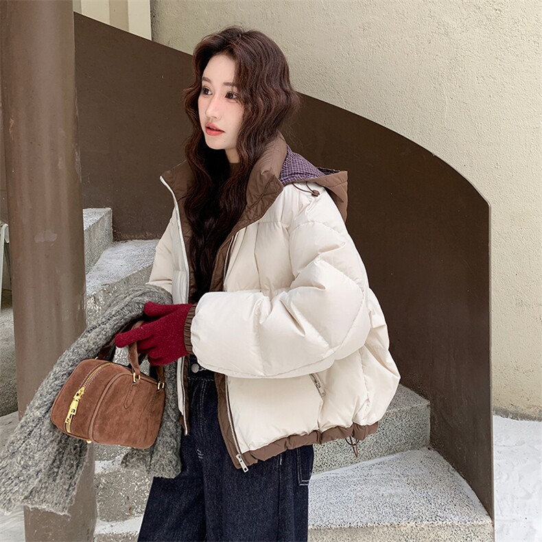 新款!现货!90白鸭绒撞色连帽羽绒服6925-P305-K458,女装羽绒服,2D034