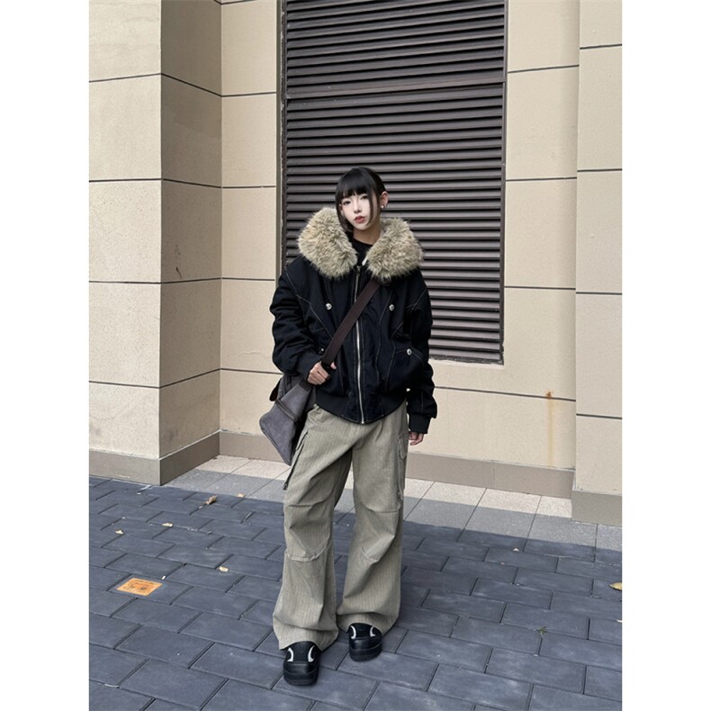 黑色大毛领派克服棉服秋冬新款宽松短款夹克保暖厚外套,男装夹克,四季星座505
