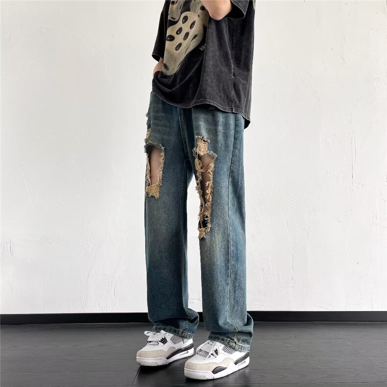 破洞牛仔裤男夏高街薄款休闲九分裤chic潮复古乞丐裤~NK712-p45,男装牛仔裤,星座601-2