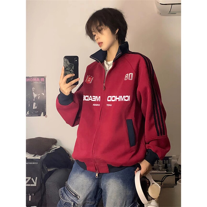 抖音得物美式高街重磅结构设计拼接织带立领印花卫衣外套ACM4201,女装短外套,电商A443