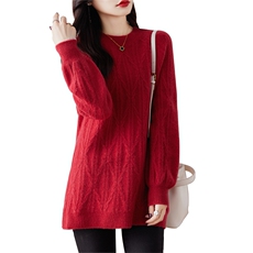 秋冬新款女士中长款毛衣纯色羊毛上衣宽松圆领针织打底小衫，女装羊毛衫，哲奥羊绒
