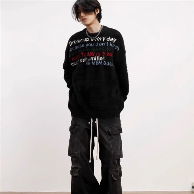 美式慵懒风字母提花毛衣男宽松水貂毛软oversize针织衫MY121 P43图片