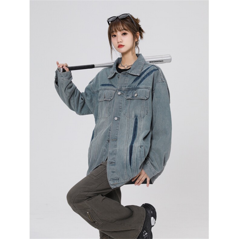 潮牌美式复古撞色图鸦情侣棒球服牛仔外套221-1-JK2310-P90控128,男装工装外套,星座221-1