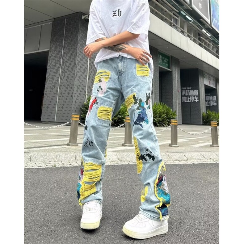 新款港风美式高街嘻哈潮牌百搭拼色休闲牛仔裤K3303-P85,男装牛仔裤,星座1109-3