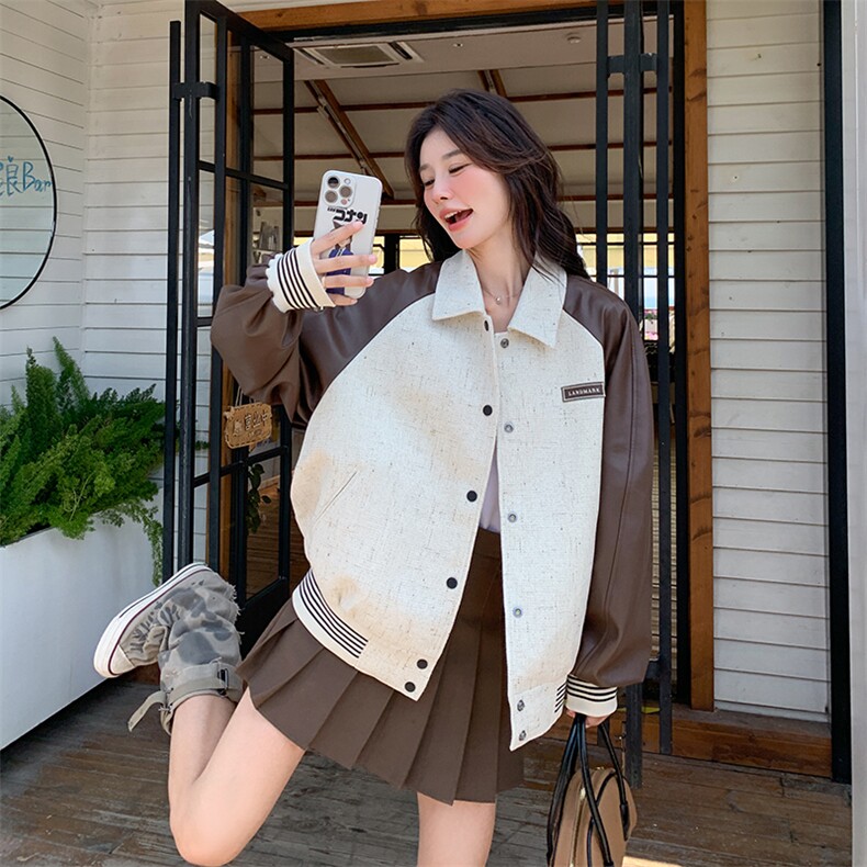 设计感美式复古拼接夹克外套女2025年春秋季新款韩版宽松显瘦上衣,女装套装/套裙,2C088