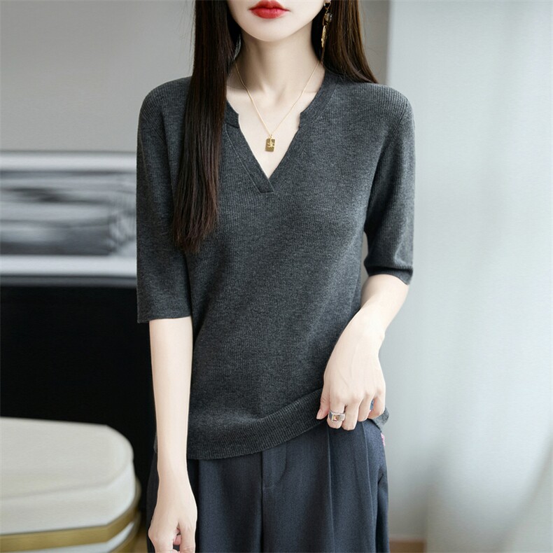 60支精纺纯羊毛V领针织短袖女早秋薄款修身显瘦中袖打底衫五分袖，女装羊毛衫，朝贺羊绒