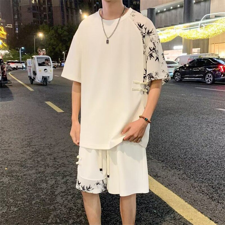 网络图现货风新中式潮流盘扣竹叶加肥加大印花套装J5009-P50,男装休闲套装,星座715-7