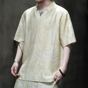 2025夏季新款风男装唐装新中式盘扣天丝提花短袖T恤 C99-P65图片