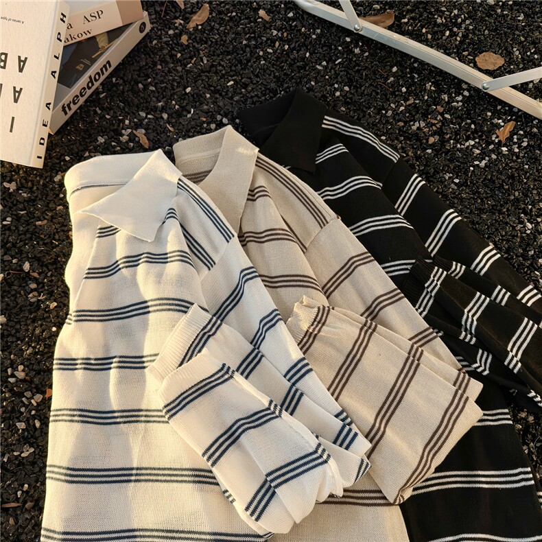 港风秋冬款男女毛衣polo领条纹拼接针织衫宽松外套M0023P40,男装针织衫/毛衣,星座1013-1