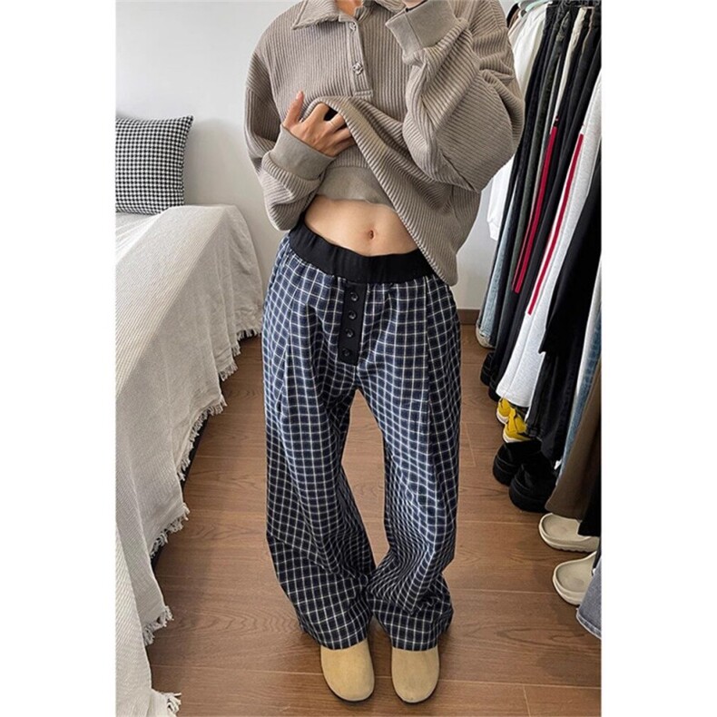AK2463-P45纯棉美式复古格子阔腿裤宽松裤子垂感直筒休闲裤，女装休闲裤，星座617A-2