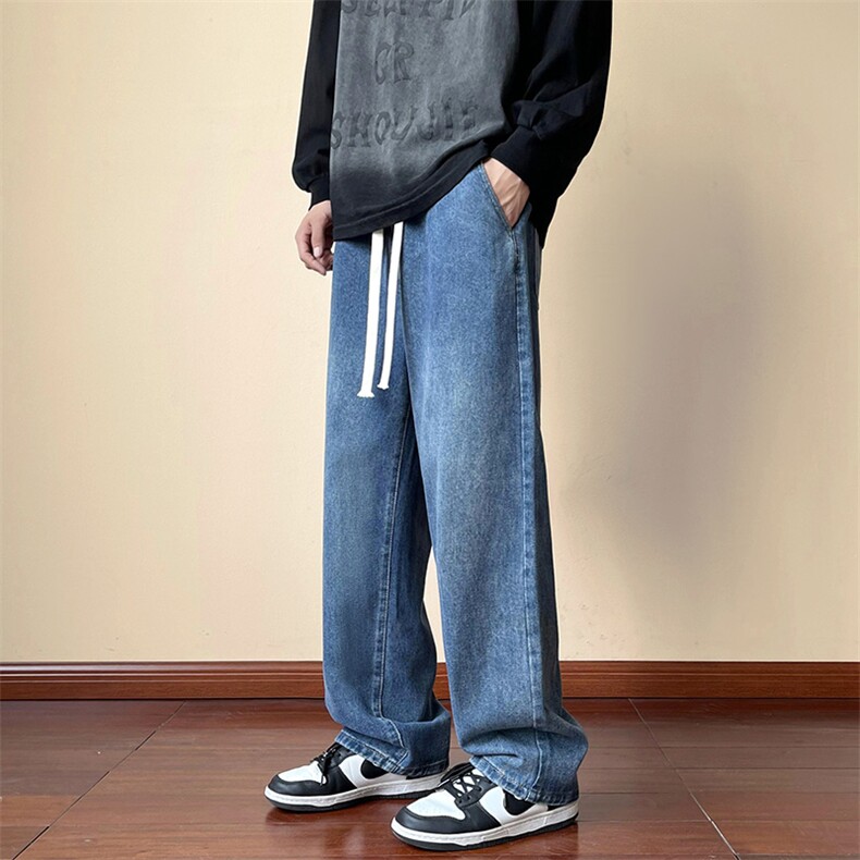 港风牛仔裤男宽松直筒裤松紧裤系带黄泥染潮流G63-P48，男装牛仔裤，星座815-2