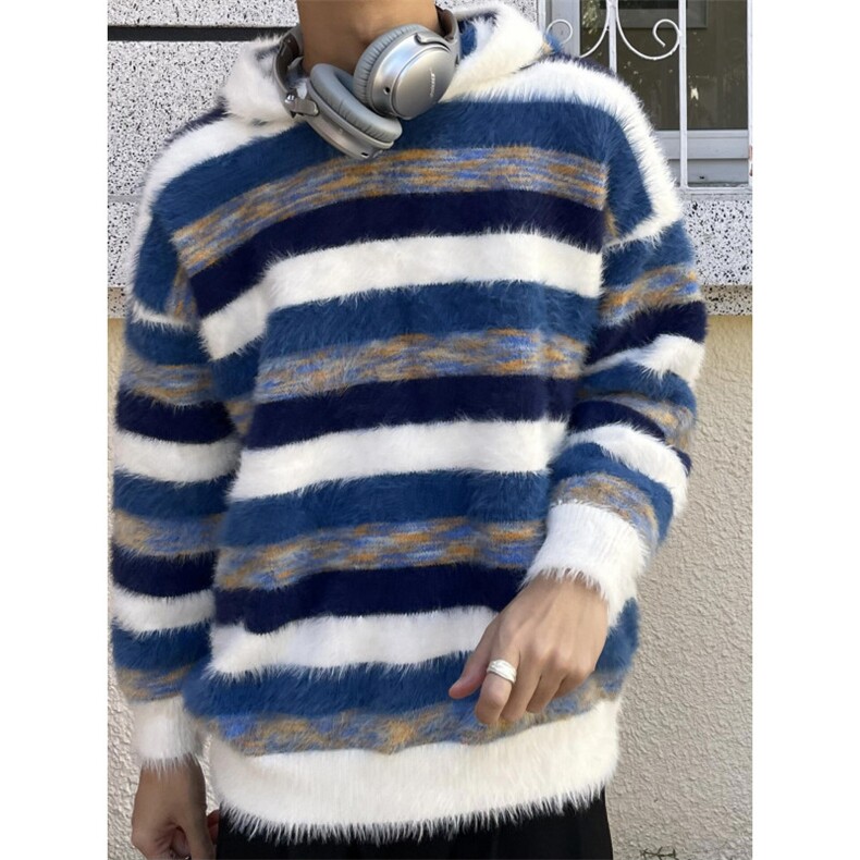 【有货】MY366LL-特P58水貂毛条纹连帽毛衣男慵懒风针织衫外套,男装针织衫/毛衣,星座1007（原301D）