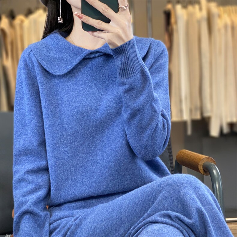 时尚显瘦大翻领针织套装女秋冬季新款气质百搭宽松两件套毛衣裤,女装套装/套裙,宛庄羊绒