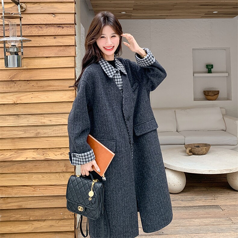 新款双面羊毛格子拼接外套766-P305-K438,女装毛呢外套,2C108
