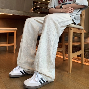 夏季亚麻透气简约纯色抽绳松紧腰宽松阔腿休闲长裤K8626-特价40图片