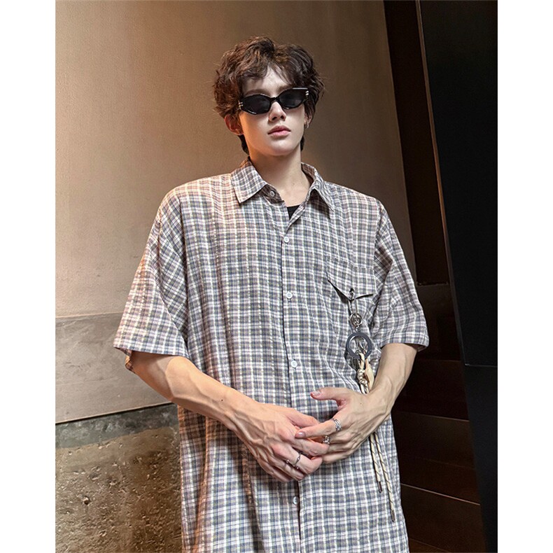 CS1151-特批40控78夏季新款男女格子短袖大码男衬衫（带配件）,男装T恤,电商A059