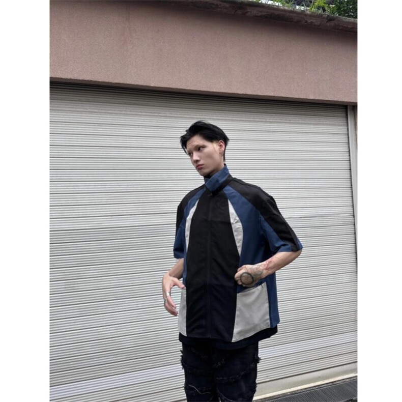 现货美式复古垫肩短袖衬衫拼接拉链衬衣潮男,男装T恤,星座910A