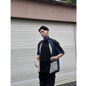 现货 美式复古垫肩短袖衬衫拼接拉链衬衣潮男图片