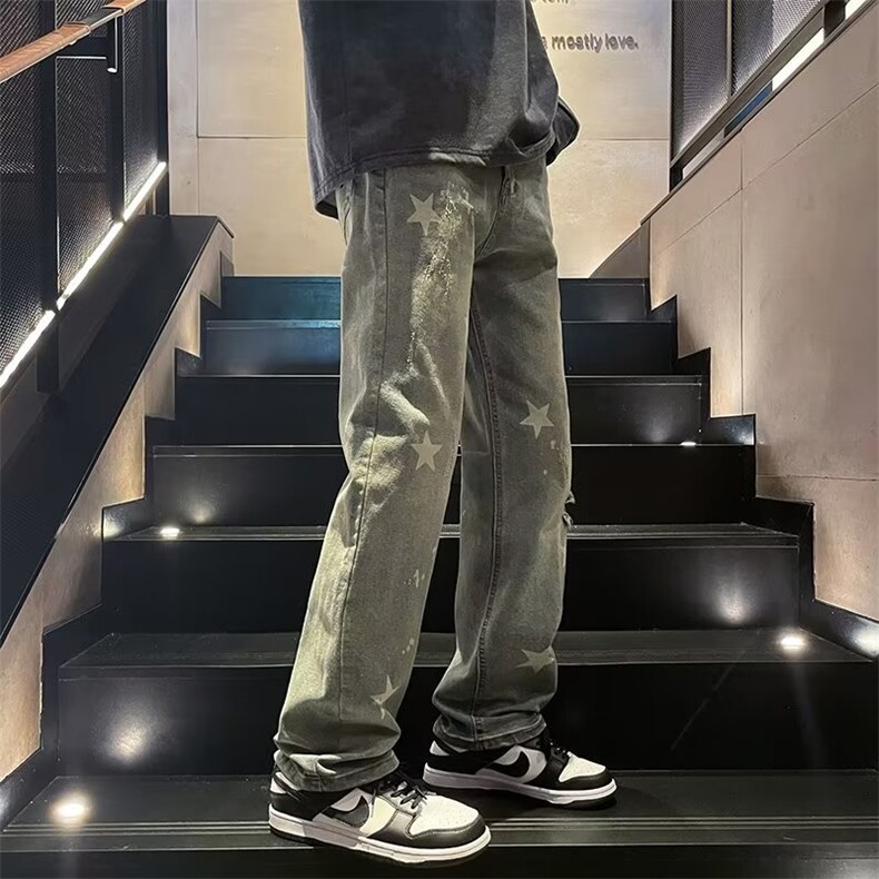 美式星星破洞牛仔裤男高街复古潮宽松直筒休闲阔腿长裤RK076-P59,男装牛仔裤,星座412