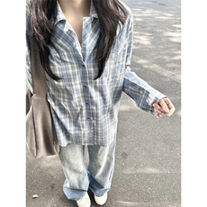 CS78LL-P54美式复古蓝色格子衬衫高级感痞帅长袖衬衣，男装衬衫，星座1007（原301D）
