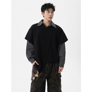 8XL-M条纹拼接街头风宽松显瘦不对称设计感假两件卫衣衬衫WY17P58图片