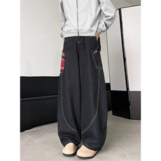 DK9885-P55美式拼接格子牛仔裤男秋季2025新款宽松弯刀阔腿长裤，男装牛仔裤，电商C233