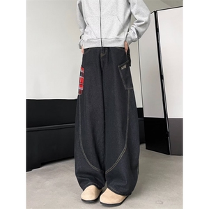 DK9885-P55 美式拼接格子牛仔裤男秋季2025新款宽松弯刀阔腿长裤图片
