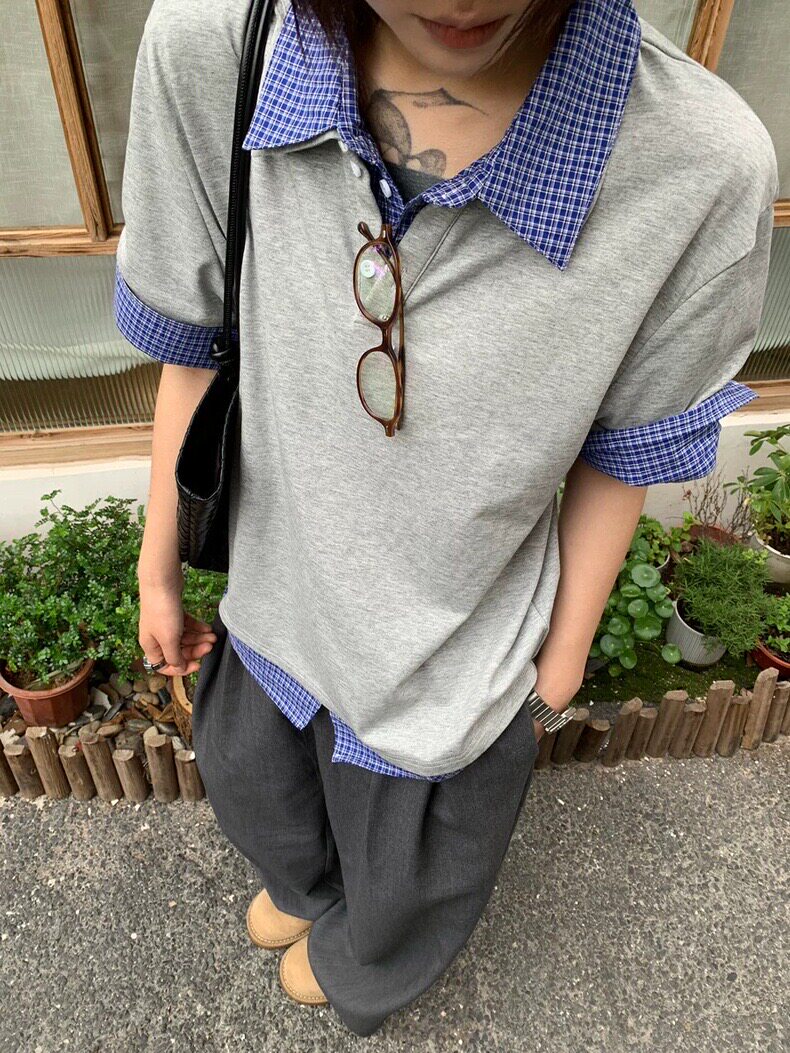 得物抖音高品质二开夏季美式潮牌高街假两件格子衬衣翻领短袖T恤,男装T恤,电商A486