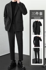 秋冬新款加绒加厚男士毛呢大衣套装三件套高级感港风男装两件套潮，男装西服套装，星座505-2（原电商A260-1)