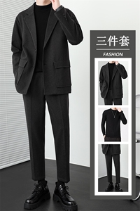 秋冬新款加绒加厚男士毛呢大衣套装三件套高级感港风男装两件套潮图片