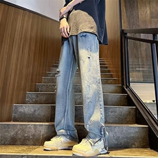 美式复古牛仔裤男女拉链破洞直筒裤青年痞帅炸街裤N6053-P40，男装牛仔裤，星座1109-3
