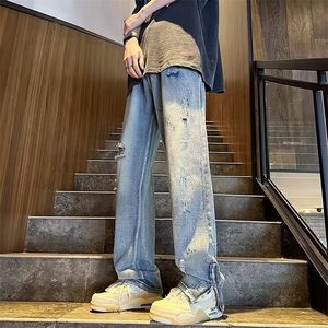美式复古牛仔裤男女拉链破洞直筒裤青年痞帅炸街裤N6053-P40图片